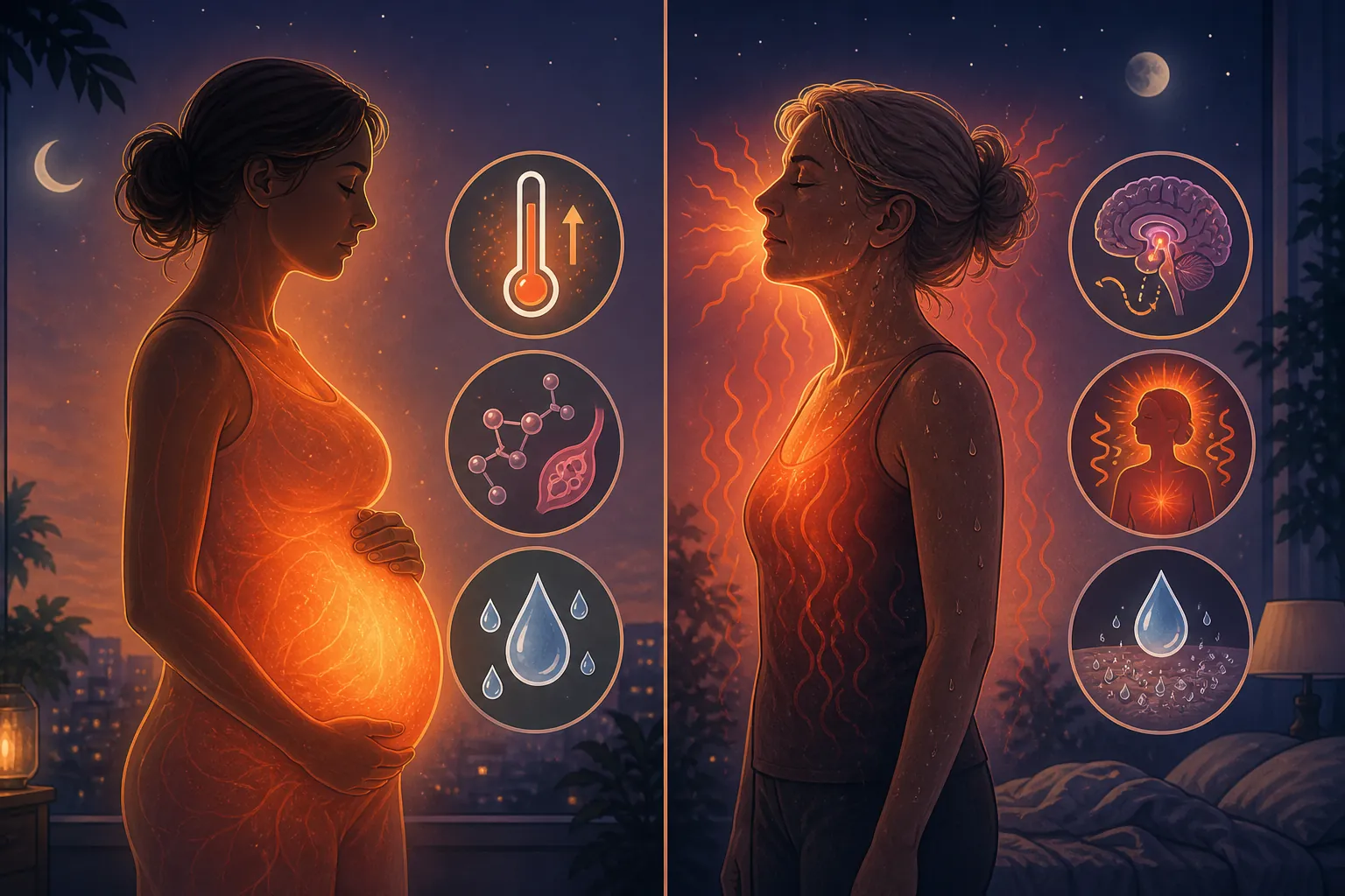 Split illustration comparing pregnancy heat regulation and perimenopause hot flashes at night