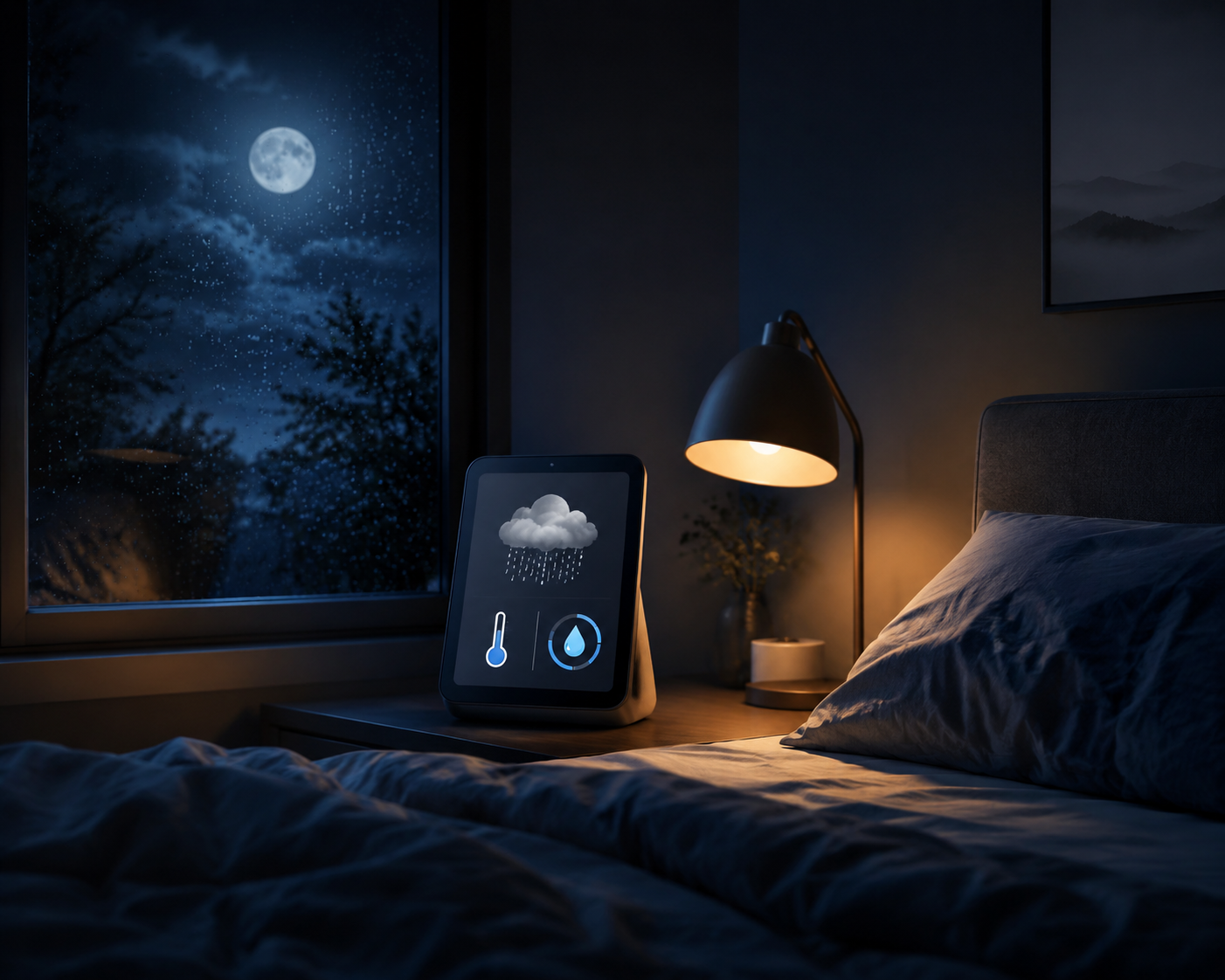Smartphone weather forecast on a bedside table in a dark bedroom at night