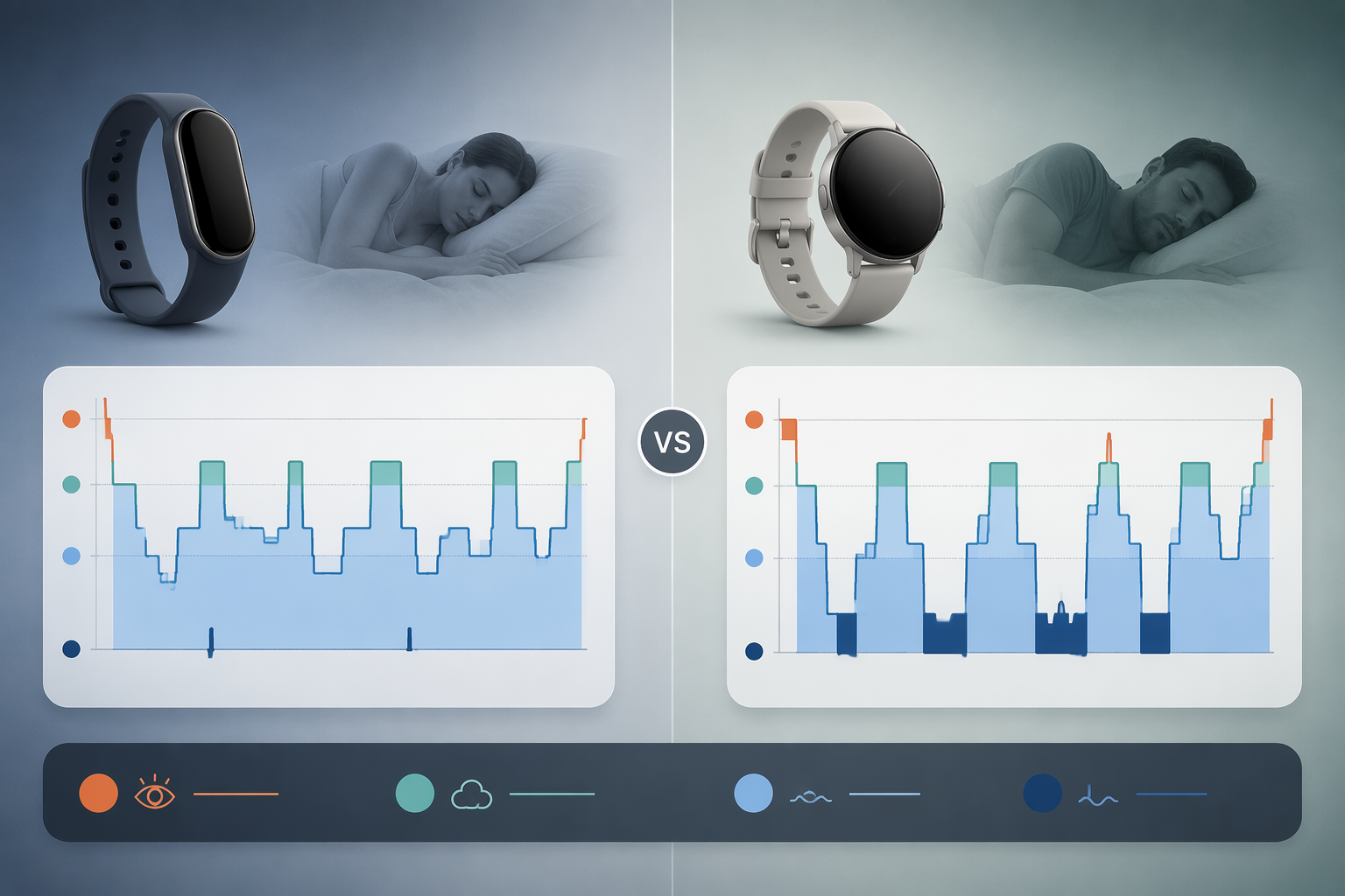 Split-screen sleep hypnograms showing different sleep-stage distributions