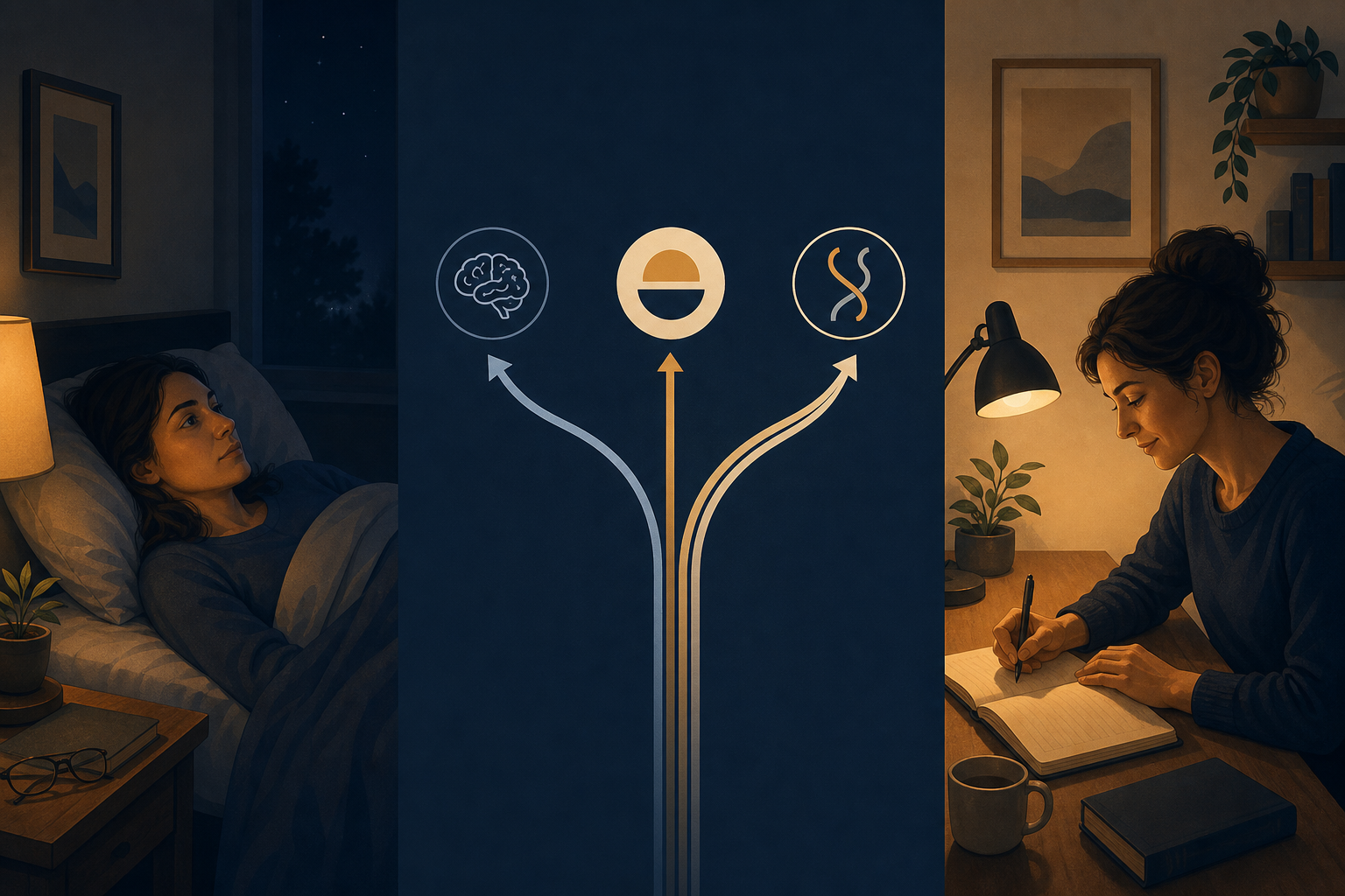 Split-panel editorial illustration showing an adult lying awake at night, three diverging treatment path arcs, and a person writing in a sleep diary at a warm-lit desk