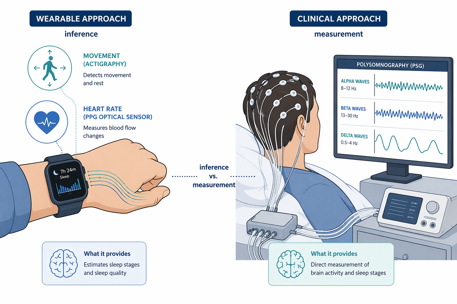Diagram comparing smartwatch movement and PPG sleep sensing with EEG-based polysomnography brain wave measurement