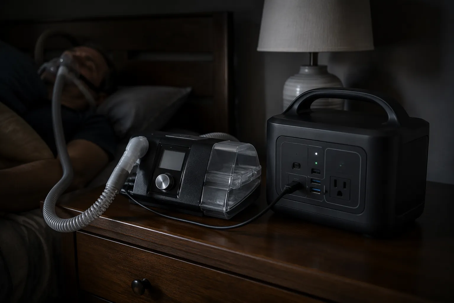 CPAP machine connected to a compact portable battery power station on a bedside table during a power outage