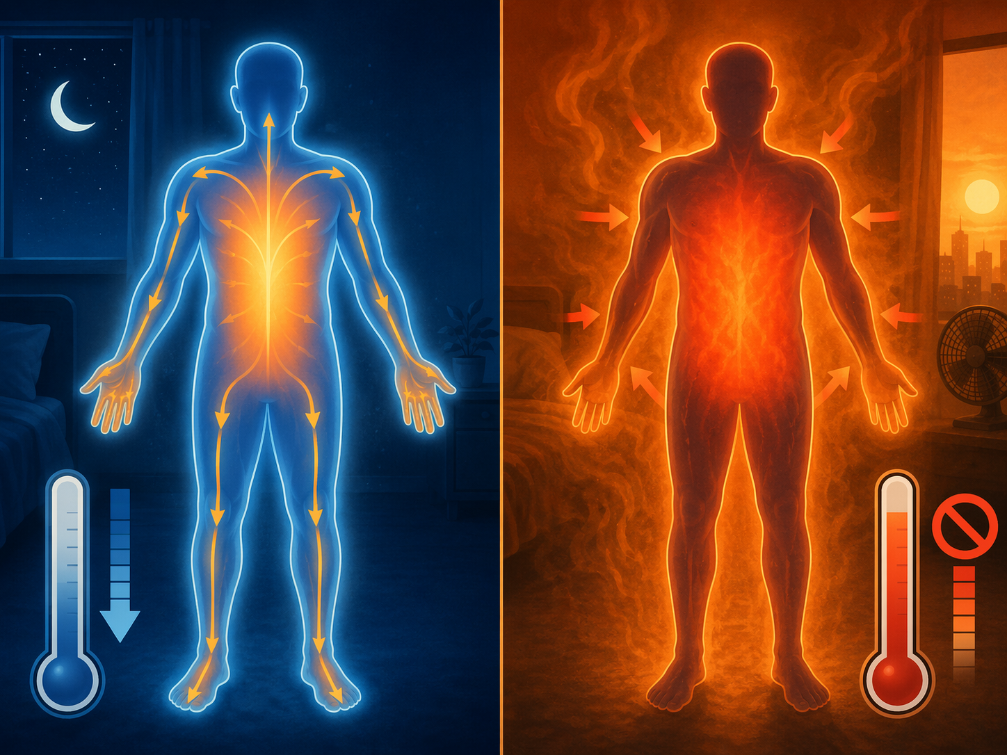 Split comparison of normal nighttime cooling and heat-blocked cooling on a hot night