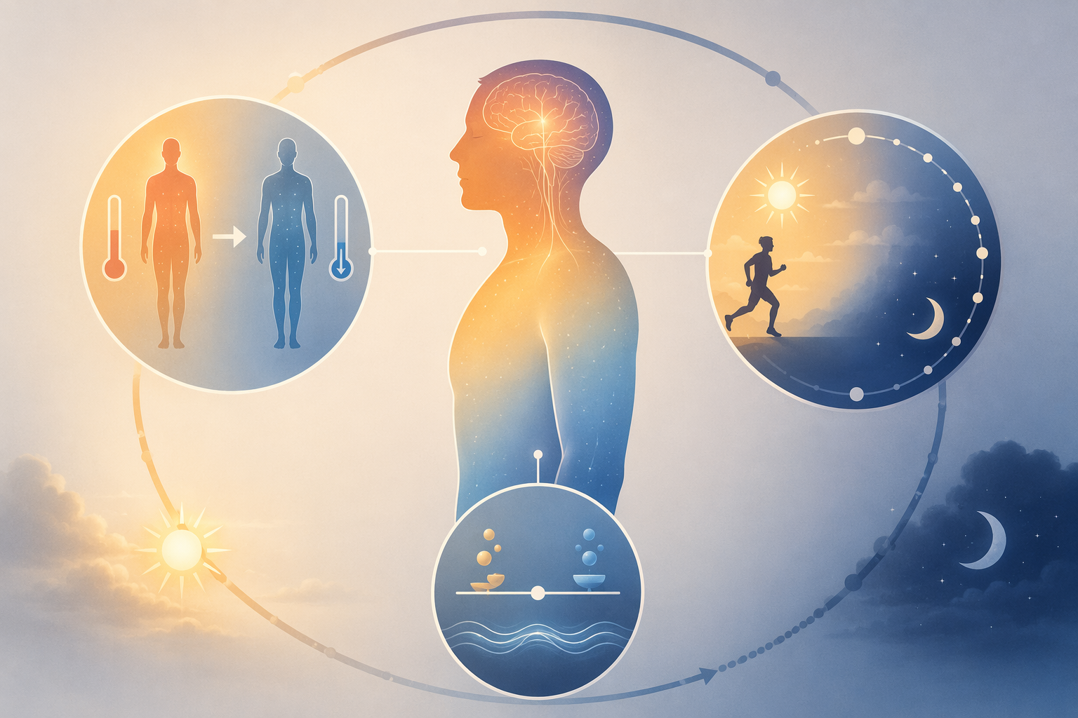 Physiological illustration of body temperature, circadian rhythm, and nervous system pathways involved in exercise and sleep