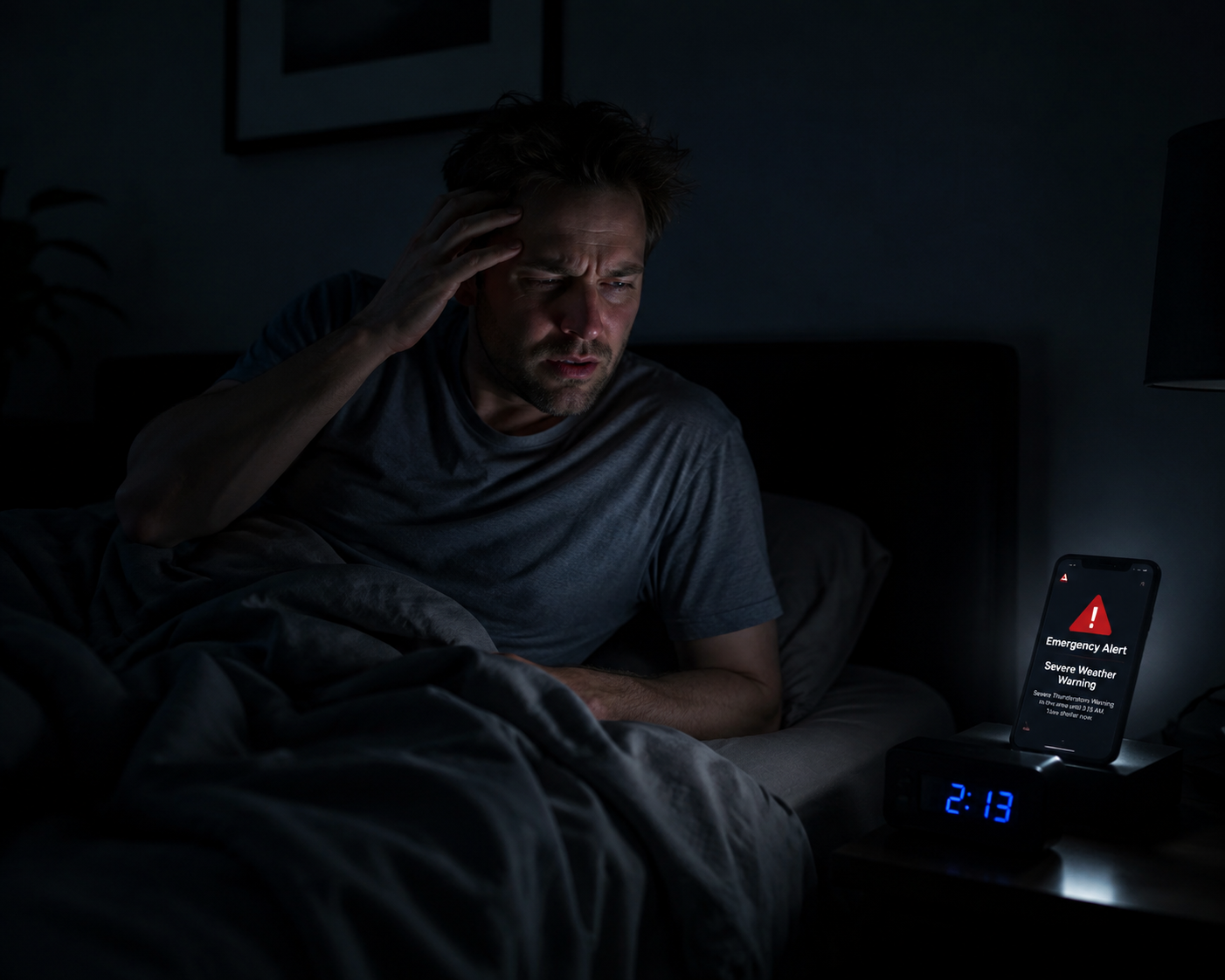 A person wakes confused in a dark bedroom at 2:13 a.m. as a phone displays a weather alert