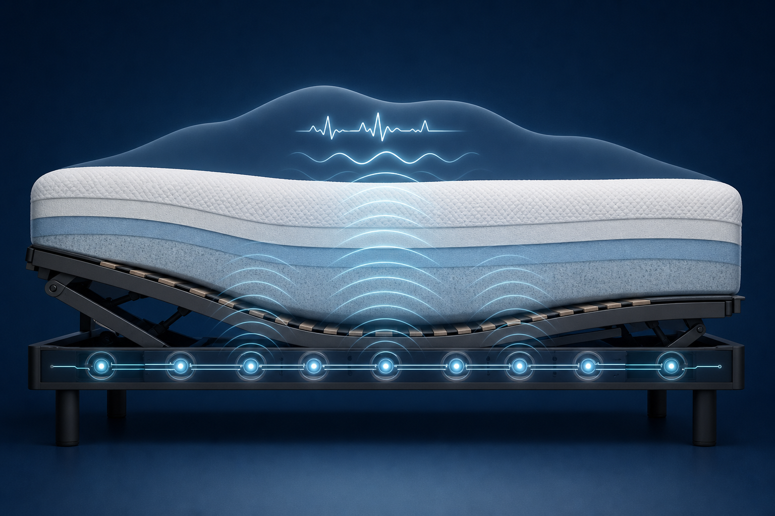 Cross-section editorial illustration of a mattress on an adjustable bed base with glowing sensor nodes along the base frame. Subtle wave-like motion lines radiate upward through the mattress cross-section, representing ballistocardiography detection of heartbeat and breathing vibrations. Dark blue background with soft cyan sensor indicators. No text or people.