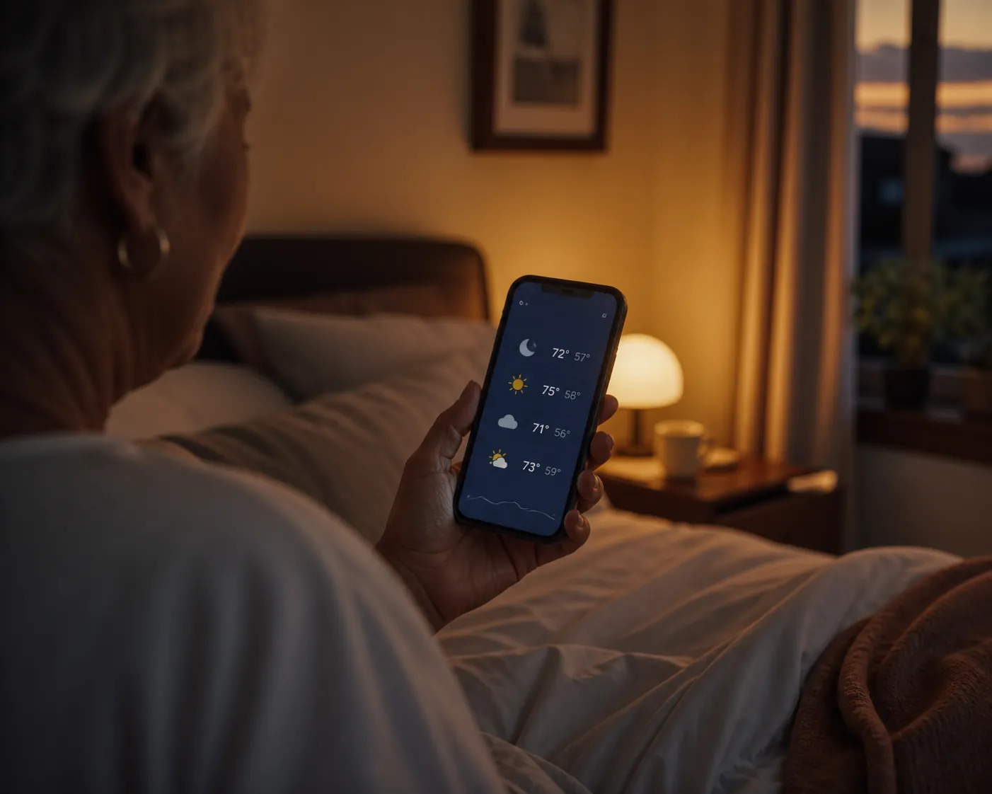 Smartphone showing a weekend weather forecast beside a dimly lit bedroom