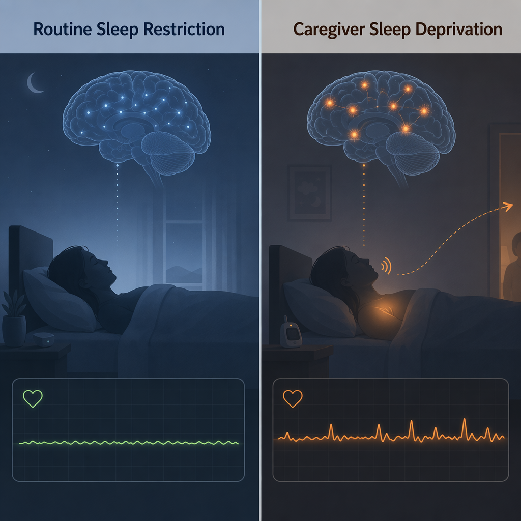 A comparison of routine sleep restriction and caregiver sleep deprivation showing calmer sleep on one side and alertness, chest activation, and heart rate spikes on the other.
