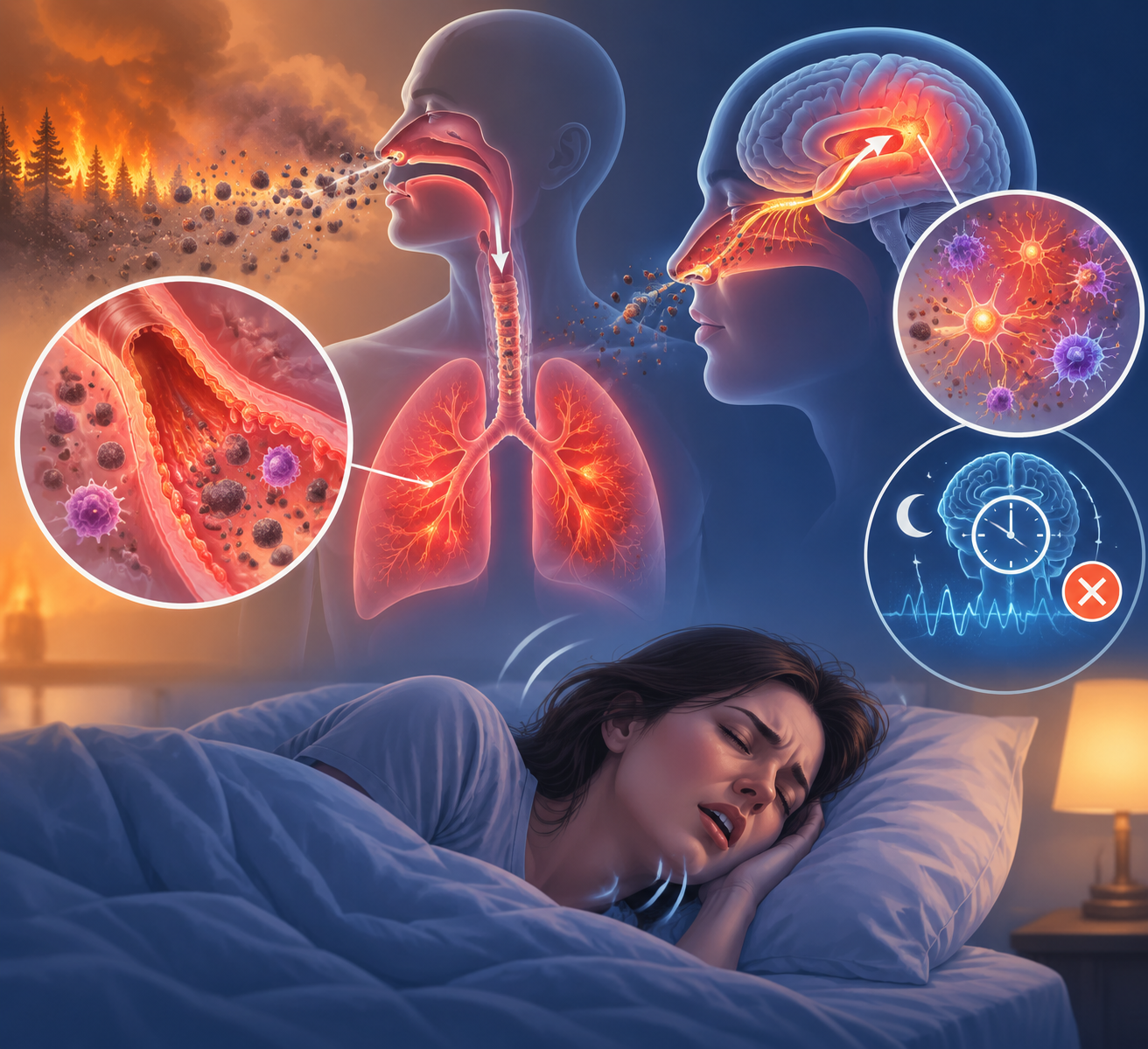 Medical-style diagram showing respiratory and neurological pathways from wildfire smoke exposure to sleep disruption