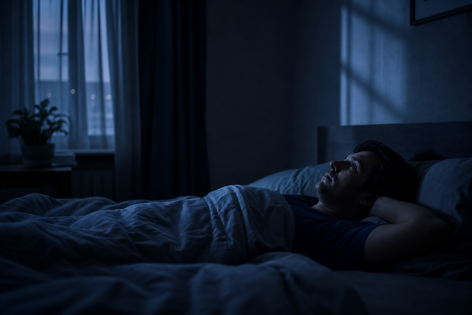 An adult lying awake in a darkened bedroom, eyes open, staring at the ceiling with soft blue-grey light filtering through the window.