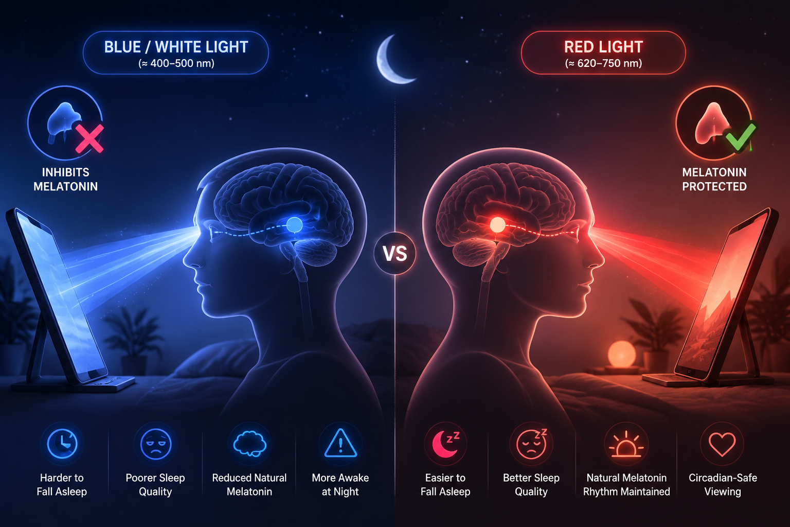 Comparison of bright blue-white light suppressing melatonin and soft red light protecting nighttime physiology